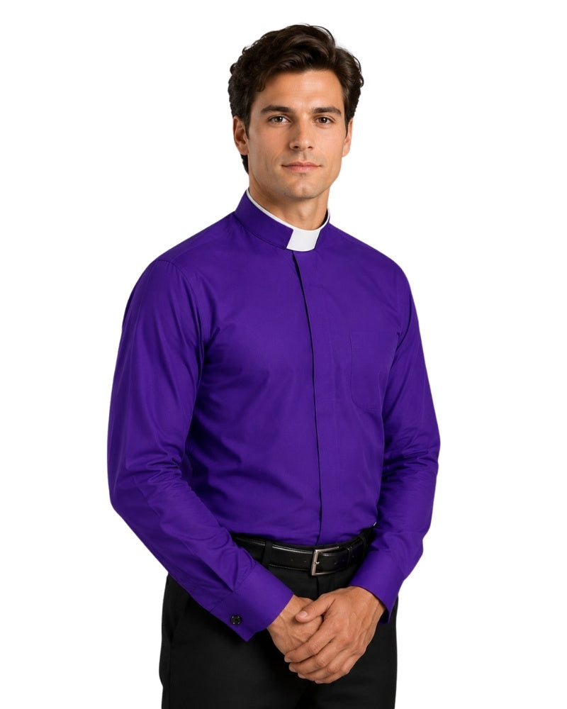 Man wearing a purple shirt with a clerical collar against a white background
