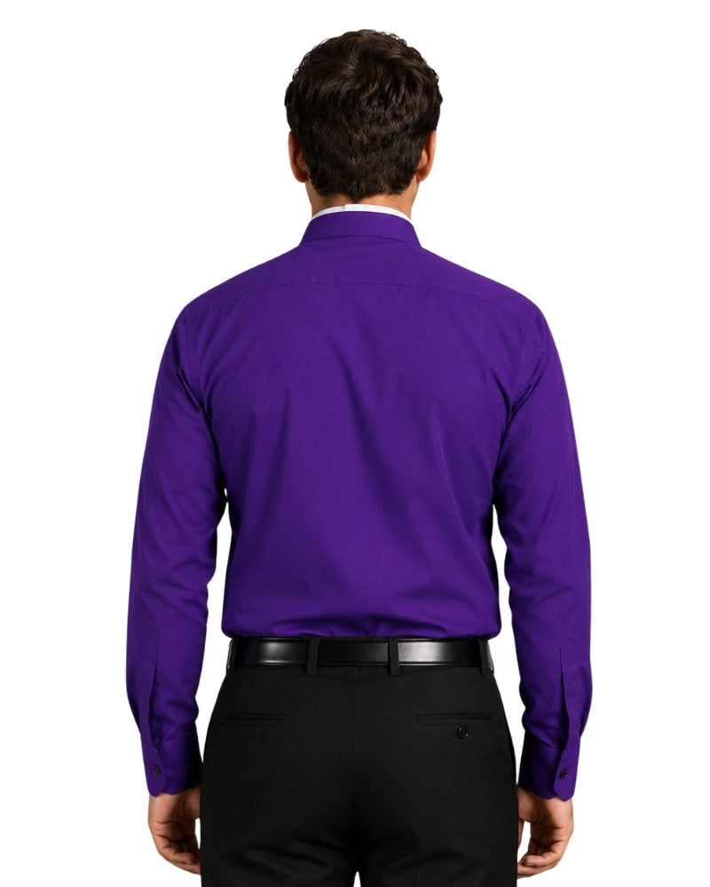 Man wearing a purple shirt with a clerical collar against a white background