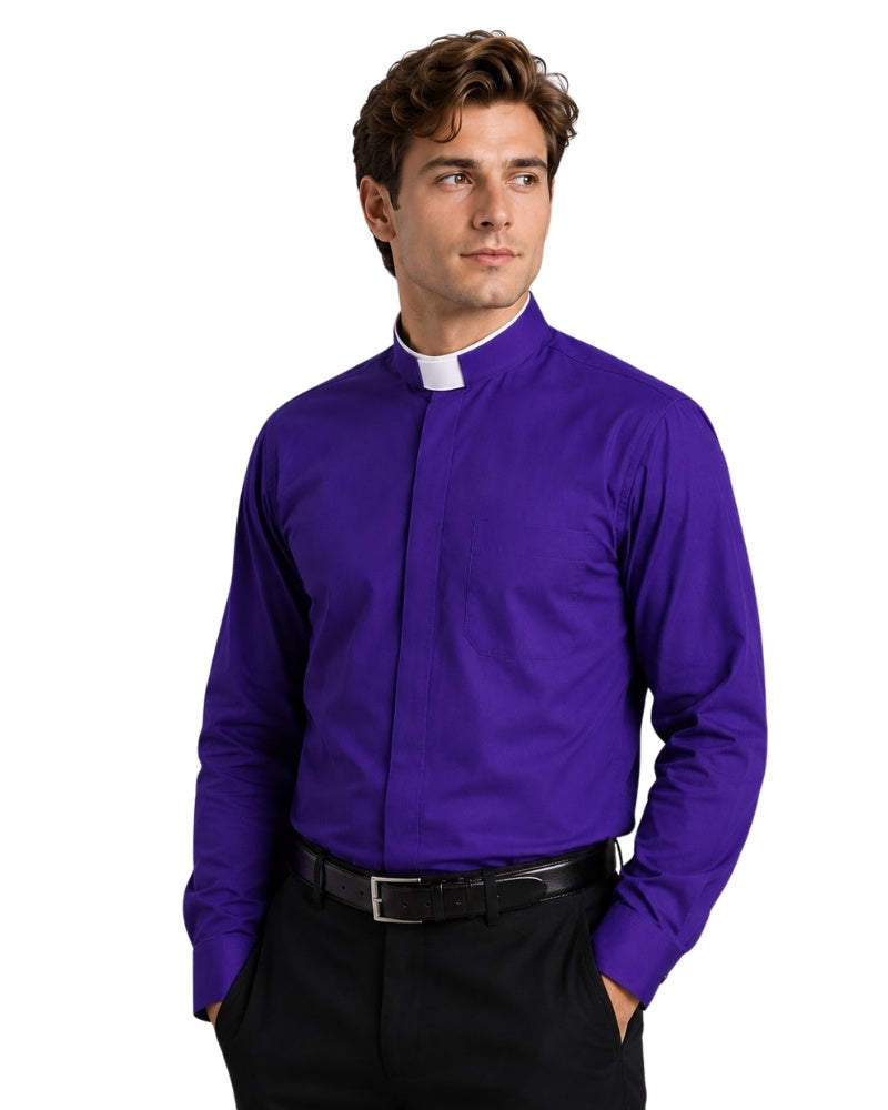 Man wearing a purple shirt with a clerical collar against a white background