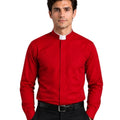 Man wearing red clerical shit with roman collar on white background.