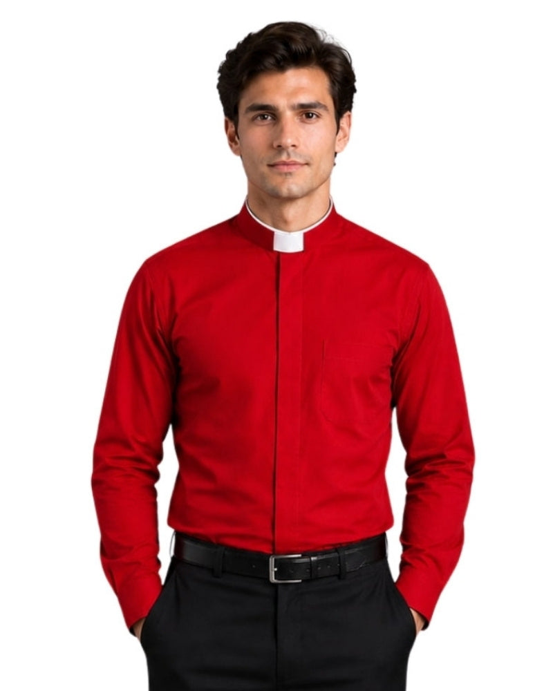 Man wearing red clerical shit with roman collar on white background.