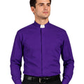 Man wearing purple clerical shirt on white background.