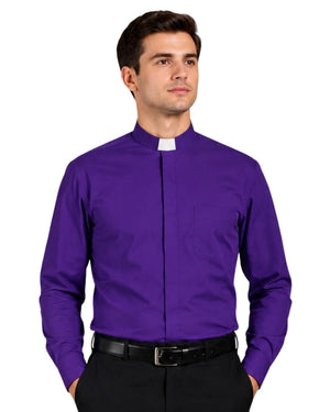 Man wearing purple clerical shirt on white background.
