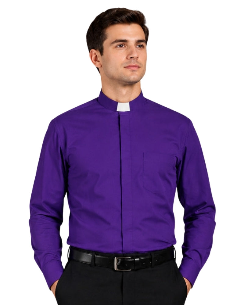 Man wearing purple clerical shirt on white background.