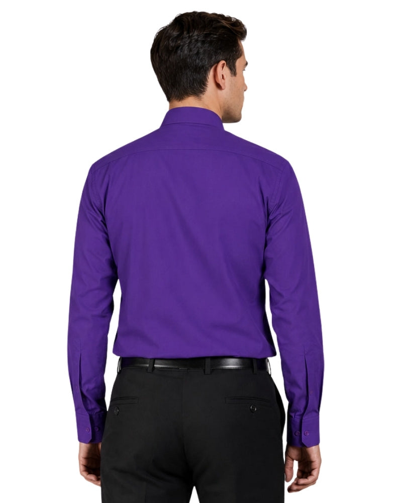 Man wearing purple clerical shirt on white background.