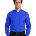 Man wearing a blue clerical shirt with a white collar against a white background