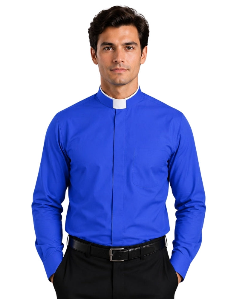 Man wearing a blue clerical shirt with a white collar against a white background