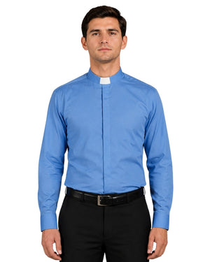 Man wearing a blue clerical shirt with a white collar against a white background