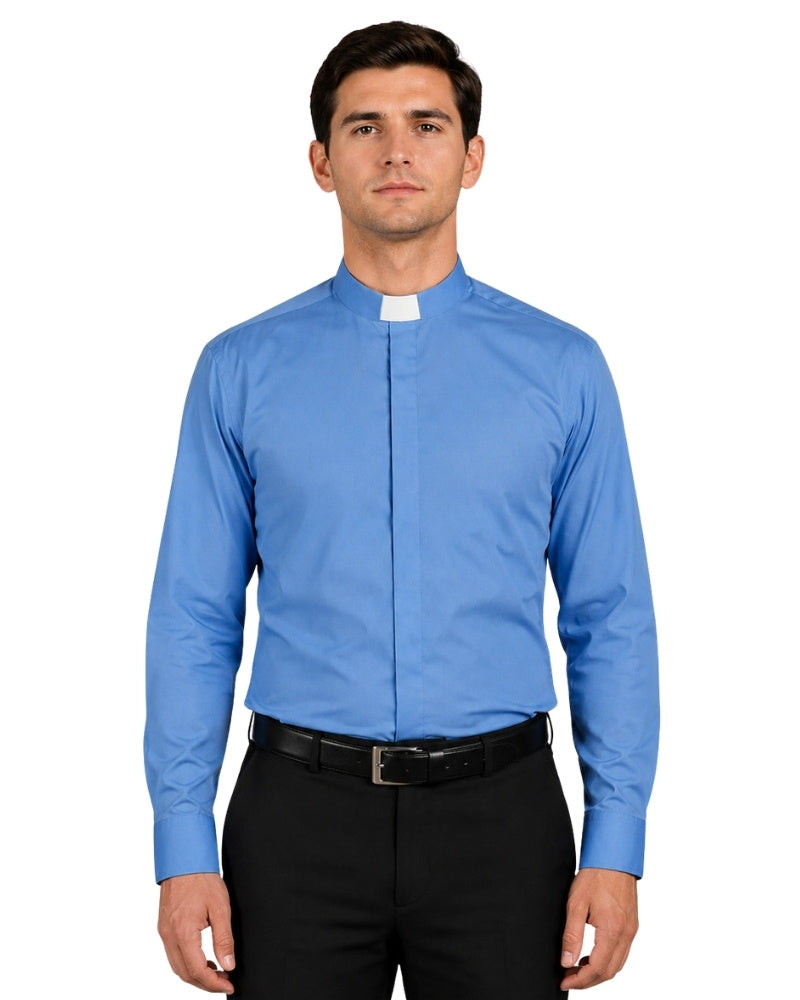 Man wearing a blue clerical shirt with a white collar against a white background