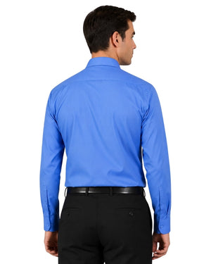 Man wearing a blue clerical shirt with a white collar against a white background