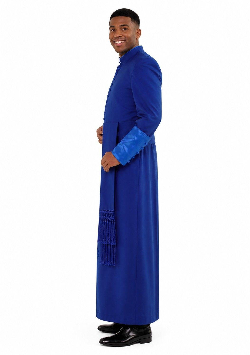 Man wearing a blue robe with a white background