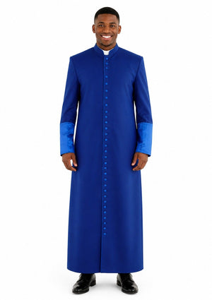 Man wearing a blue robe with a white background