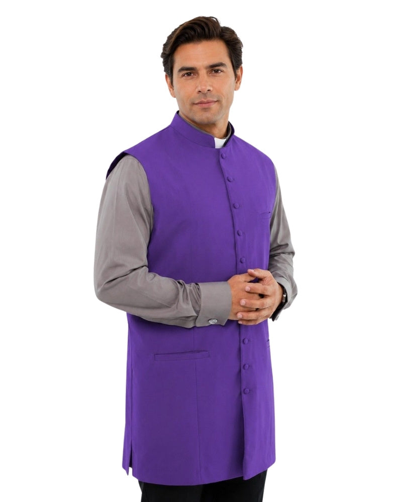 Man wearing a purple vest over a gray shirt on a white background
