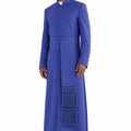 Man wearing a blue robe with fringes on a white background