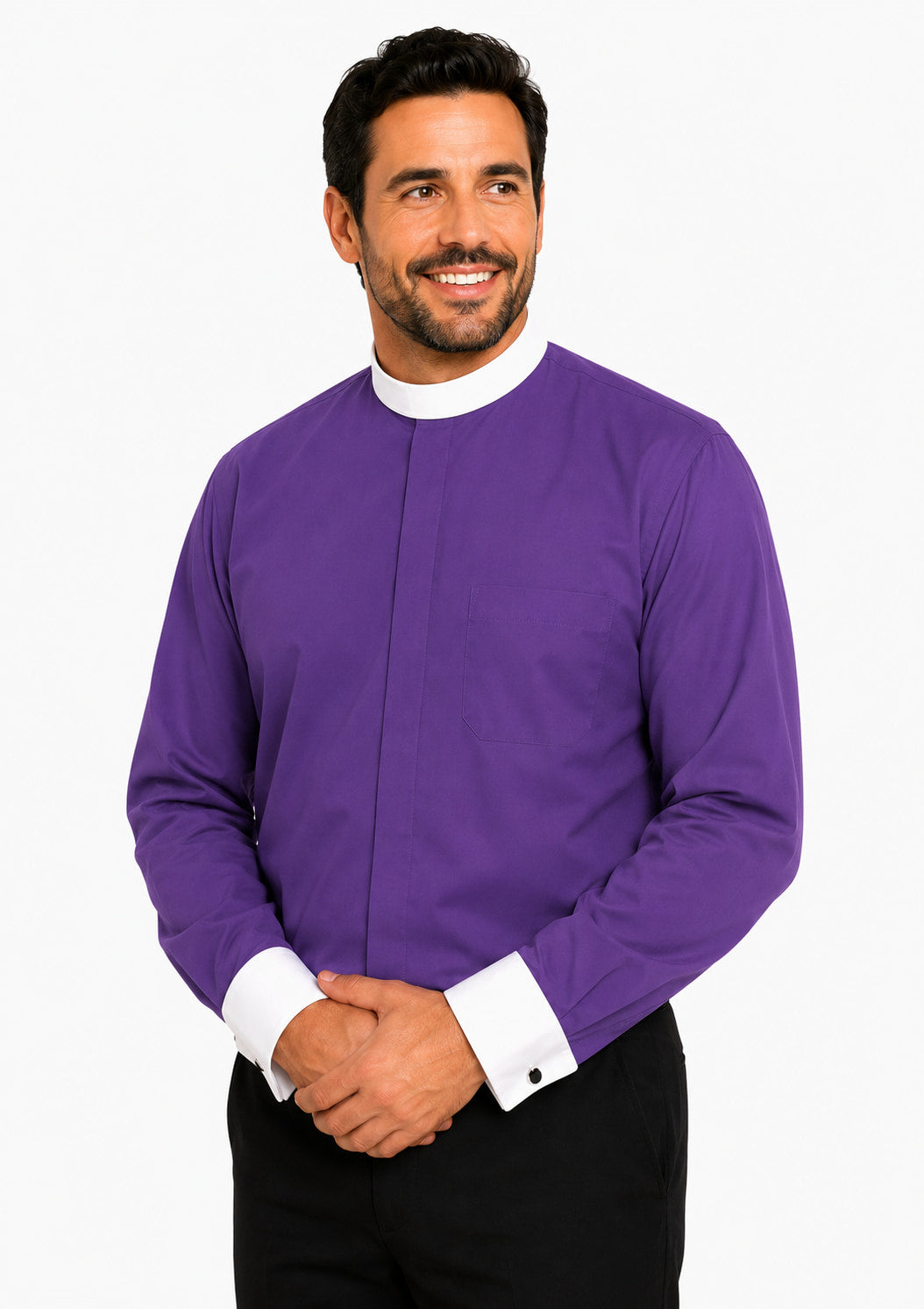 Man wearing a purple shirt with a white collar on a white background