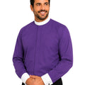 Man wearing a purple shirt with a white collar on a white background