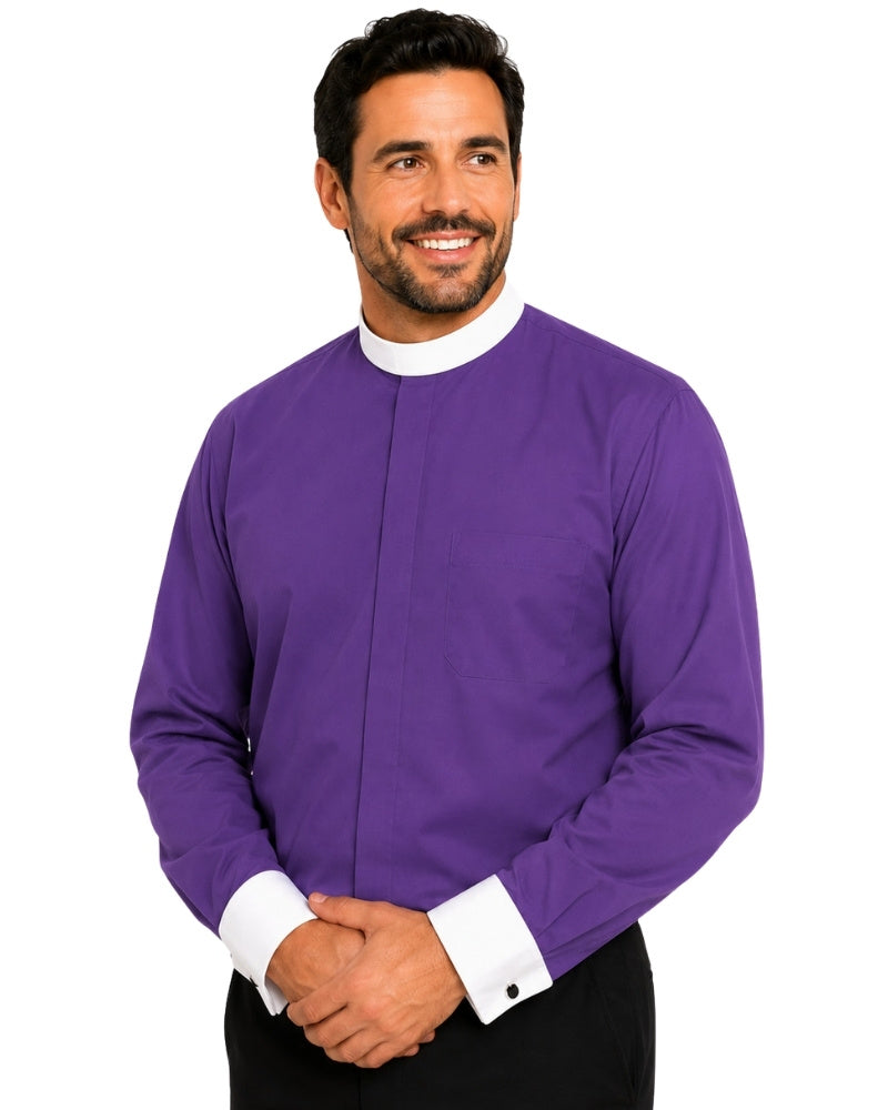 Man wearing a purple shirt with a white collar on a white background