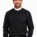 Man wearing a black shirt with a white collar on a white background