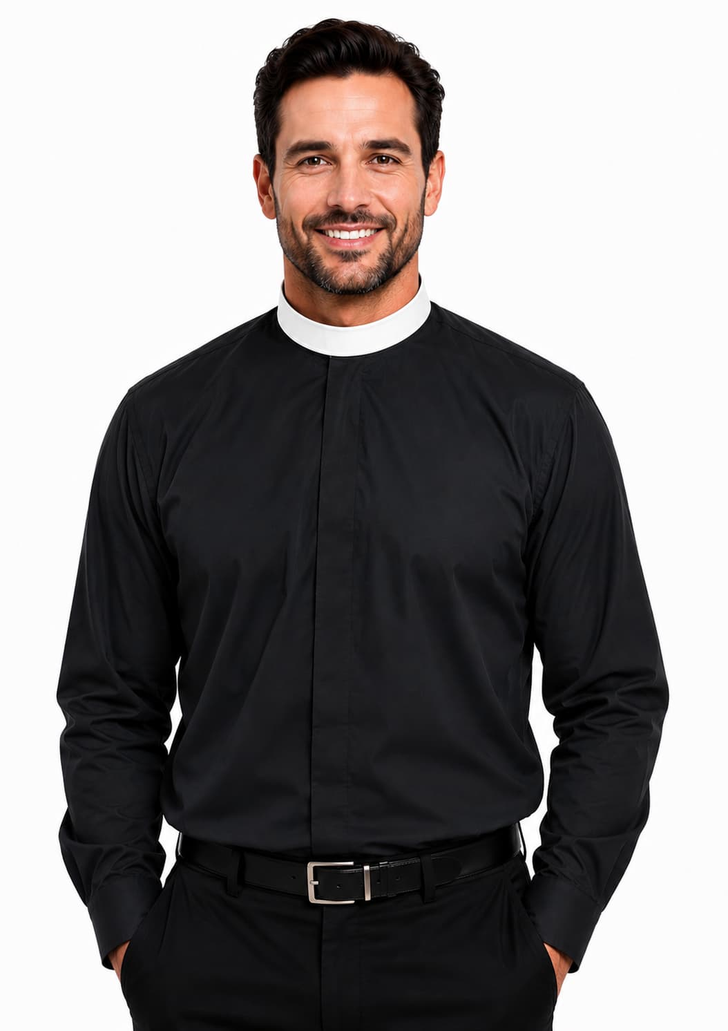 Man wearing a black shirt with a white collar on a white background