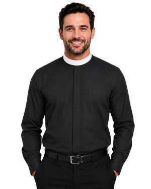 A smiling man wearing a black long-sleeve clerical shirt with a white collar, paired with black trousers and a black belt, against a plain white background.