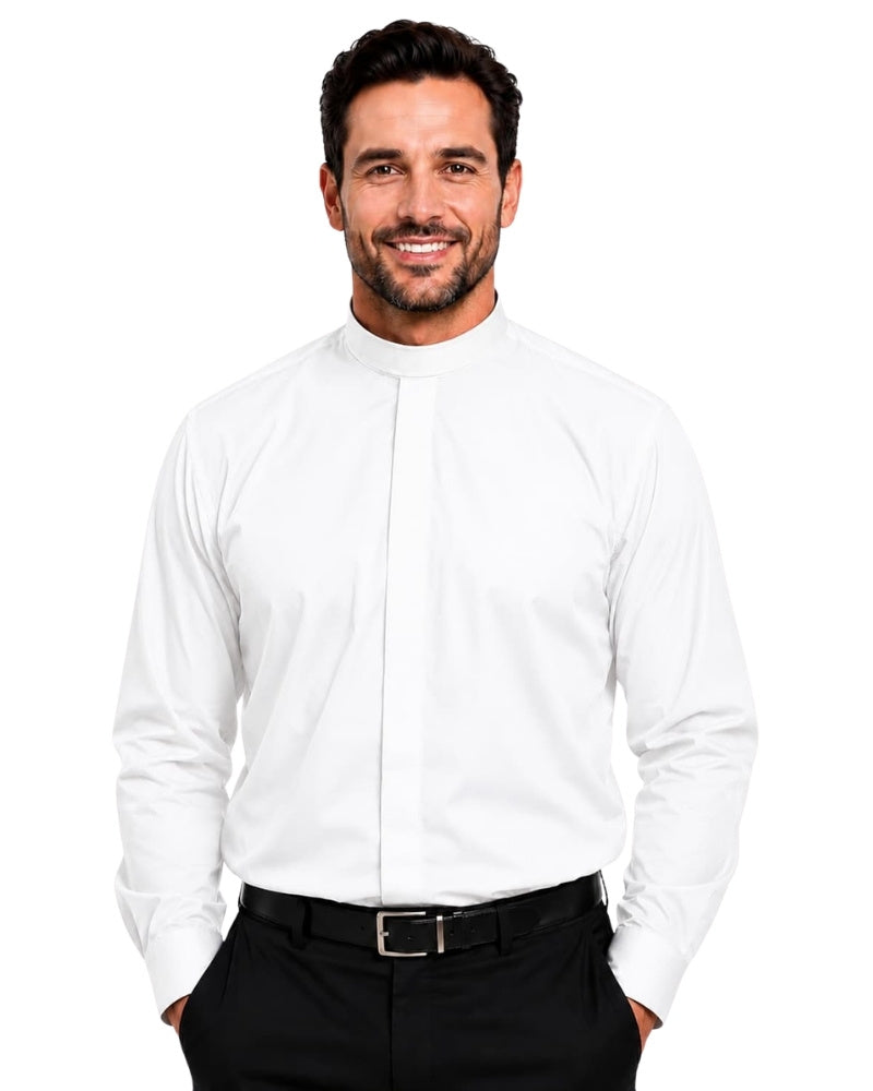 Man wearing a white dress shirt and black pants on a white background