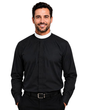 Man wearing a black long-sleeve shirt with a white collar on a white background