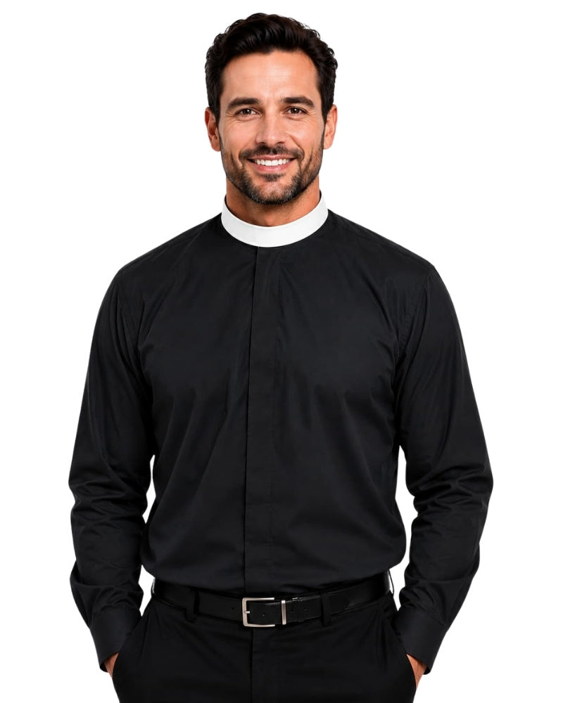 Man wearing a black long-sleeve shirt with a white collar on a white background