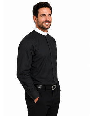 Man wearing a black long-sleeve shirt with a white collar on a white background