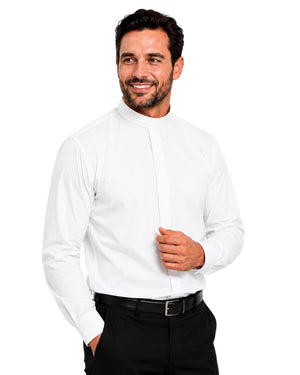 Man wearing a white dress shirt and black pants on a white background