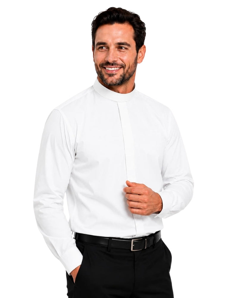 Man wearing a white dress shirt and black pants on a white background