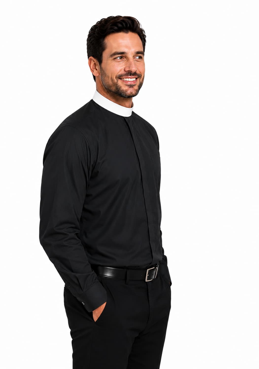 Man wearing a black long-sleeve shirt with a white collar on a white background