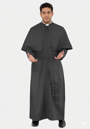 Man wearing a black religious robe on a white background