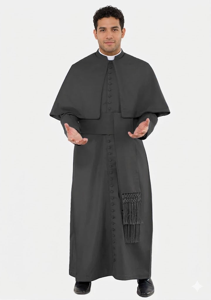 Man wearing a black religious robe on a white background