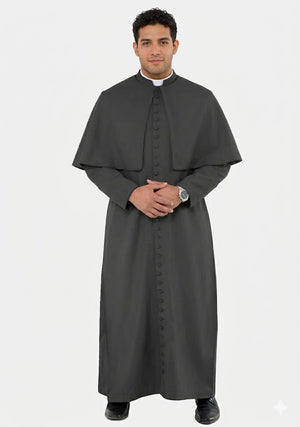 Man wearing a gray cassock on a white background