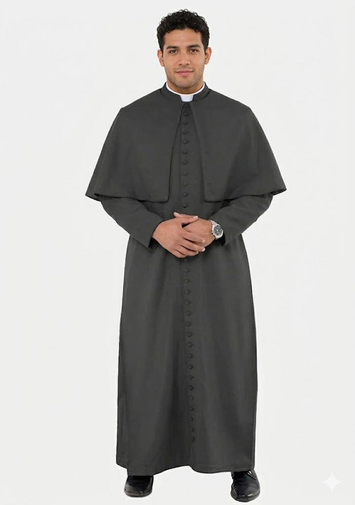 Man wearing a gray cassock on a white background