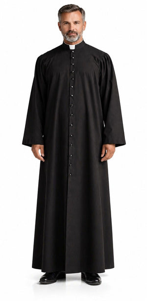 Man wearing a black priest's robe on a white background