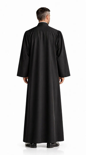 Man wearing a long black robe on a white background