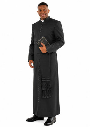 Priest wearing a black robe holding a book on a white background