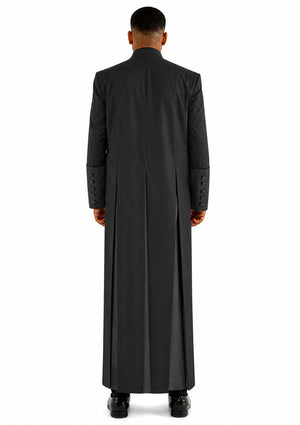 Man wearing a long black coat from behind on a white background