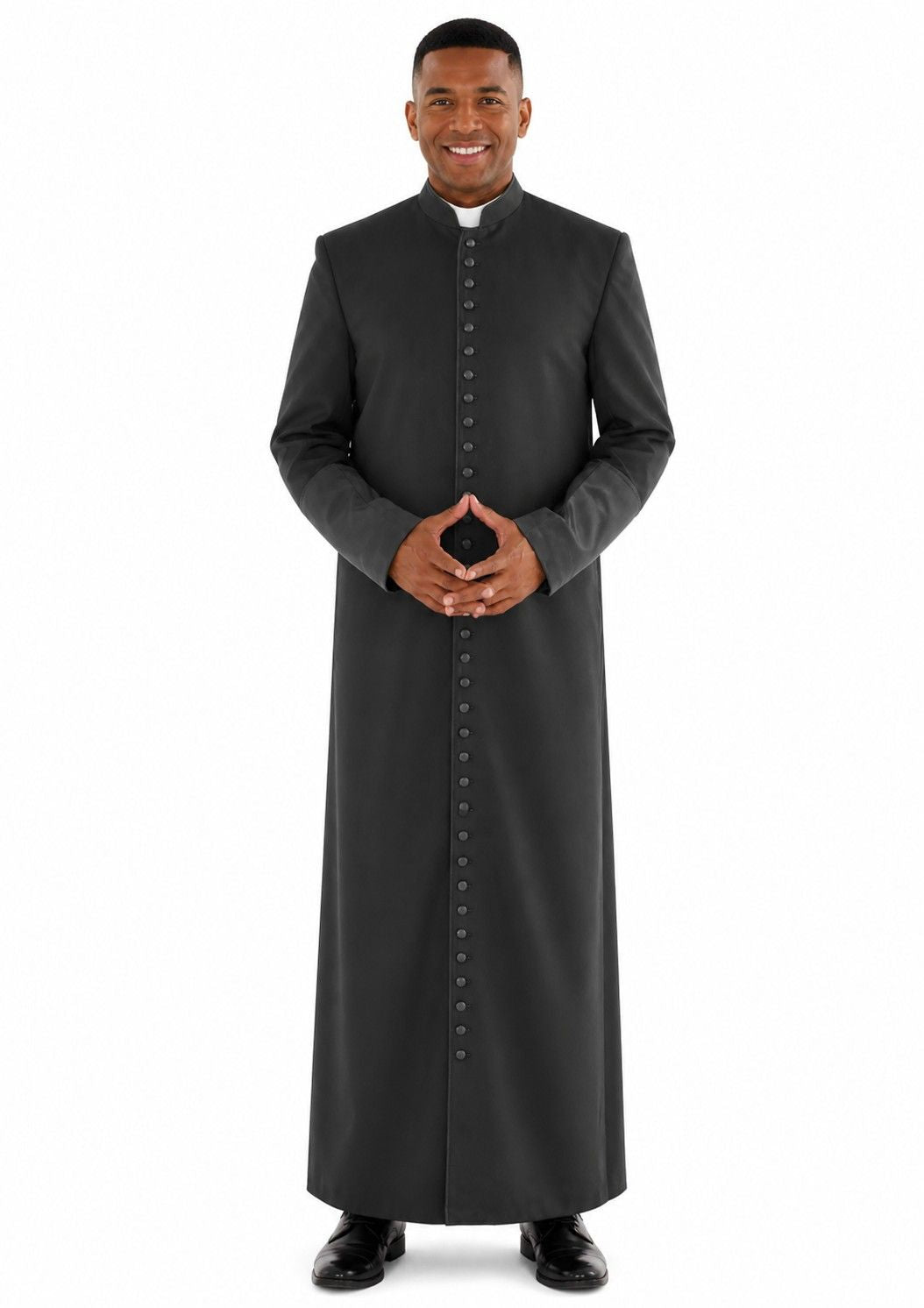 Man wearing a black clerical robe on a white background