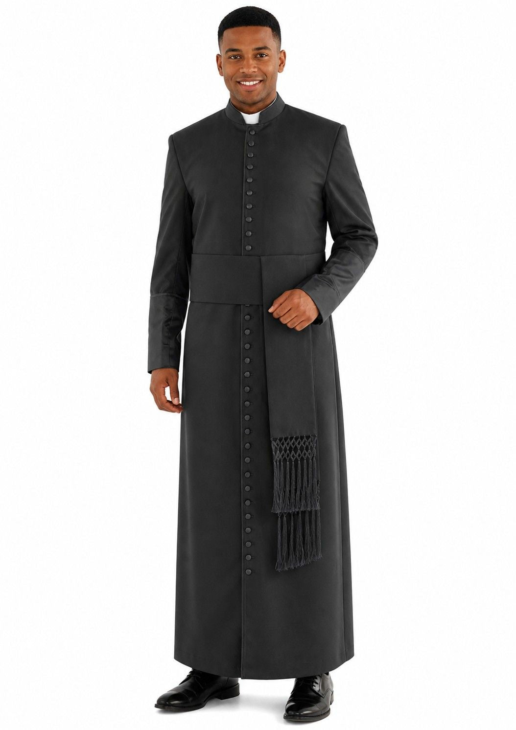 Man wearing a black clerical robe on a white background