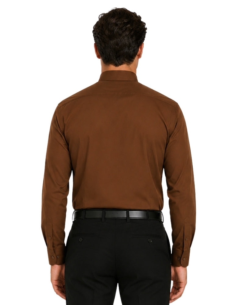 Man wearing brown clerical shirt on the white background.