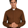 Man wearing brown clerical shirt on the white background.