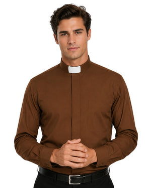 Man wearing brown clerical shirt on the white background.