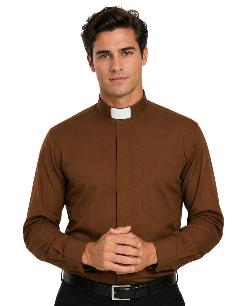 Man wearing brown clerical shirt on the white background.