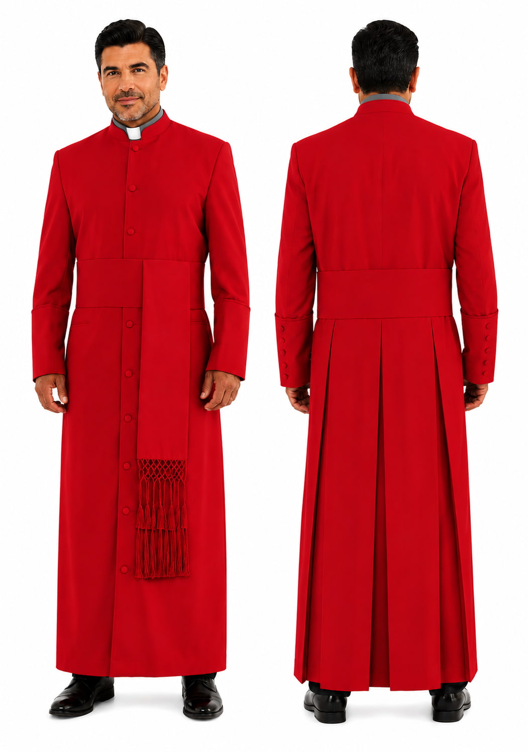 Red religious robe with front and back views on a white background