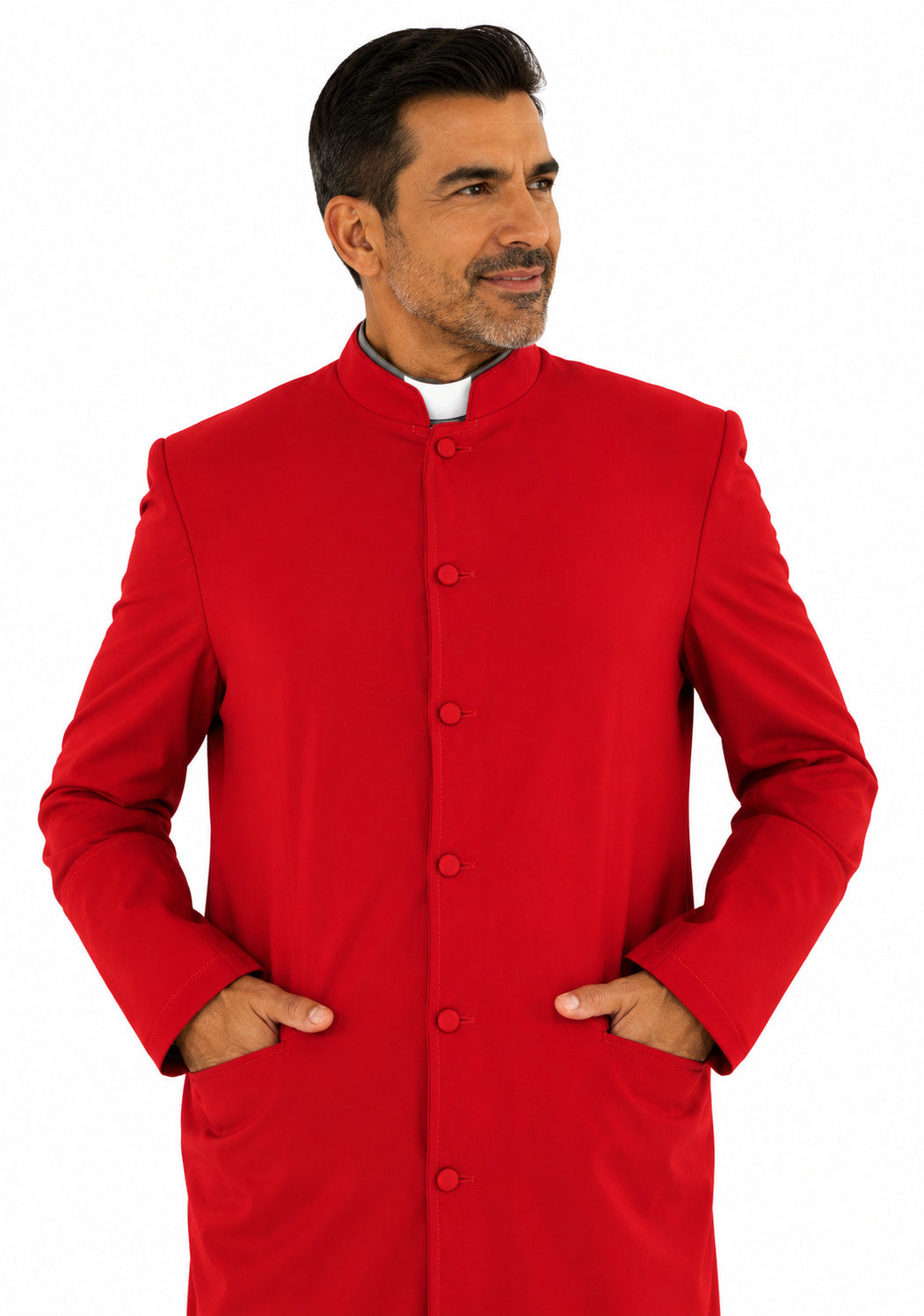 Man wearing a red robe on a white background