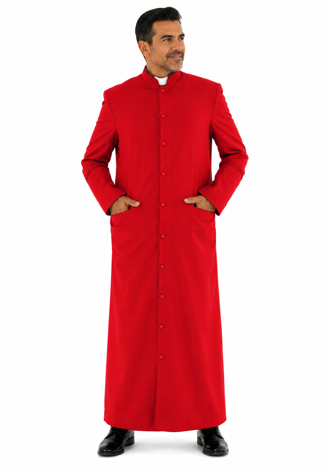 Man wearing a red cassock on a white background