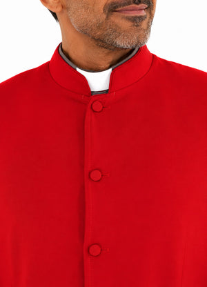 Red clerical collar shirt with buttons on a white background
