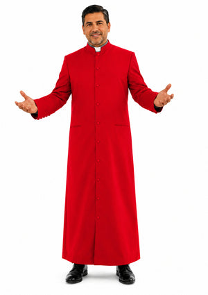 Man wearing a red priest's robe on a white background